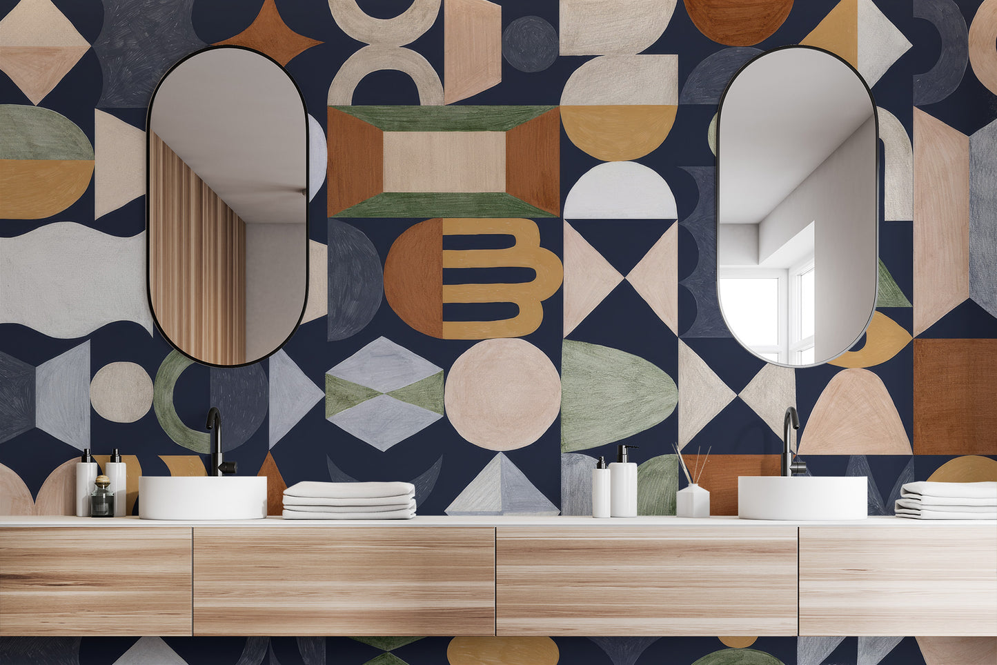 Geometric totem wallpaper with a colorful retro aesthetic