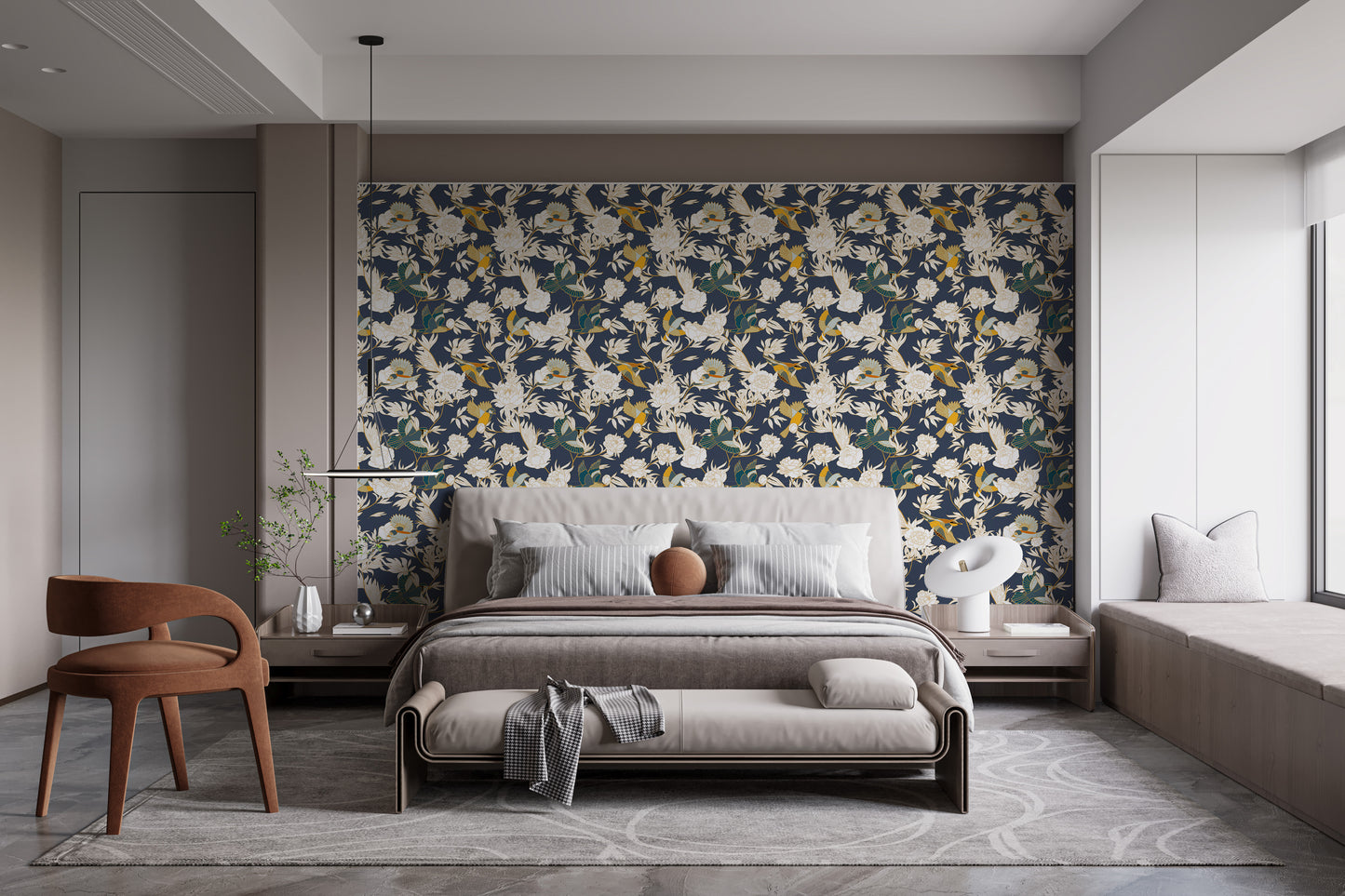 Bird and peony mural blending elegance and nature