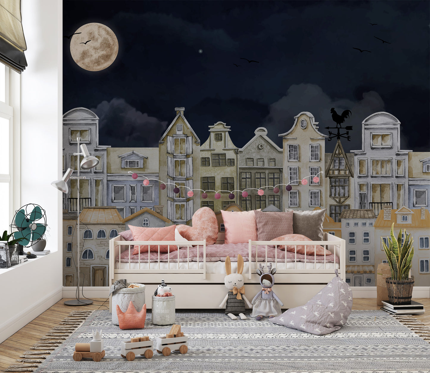 City Night Scene with Houses Wallpaper Mural