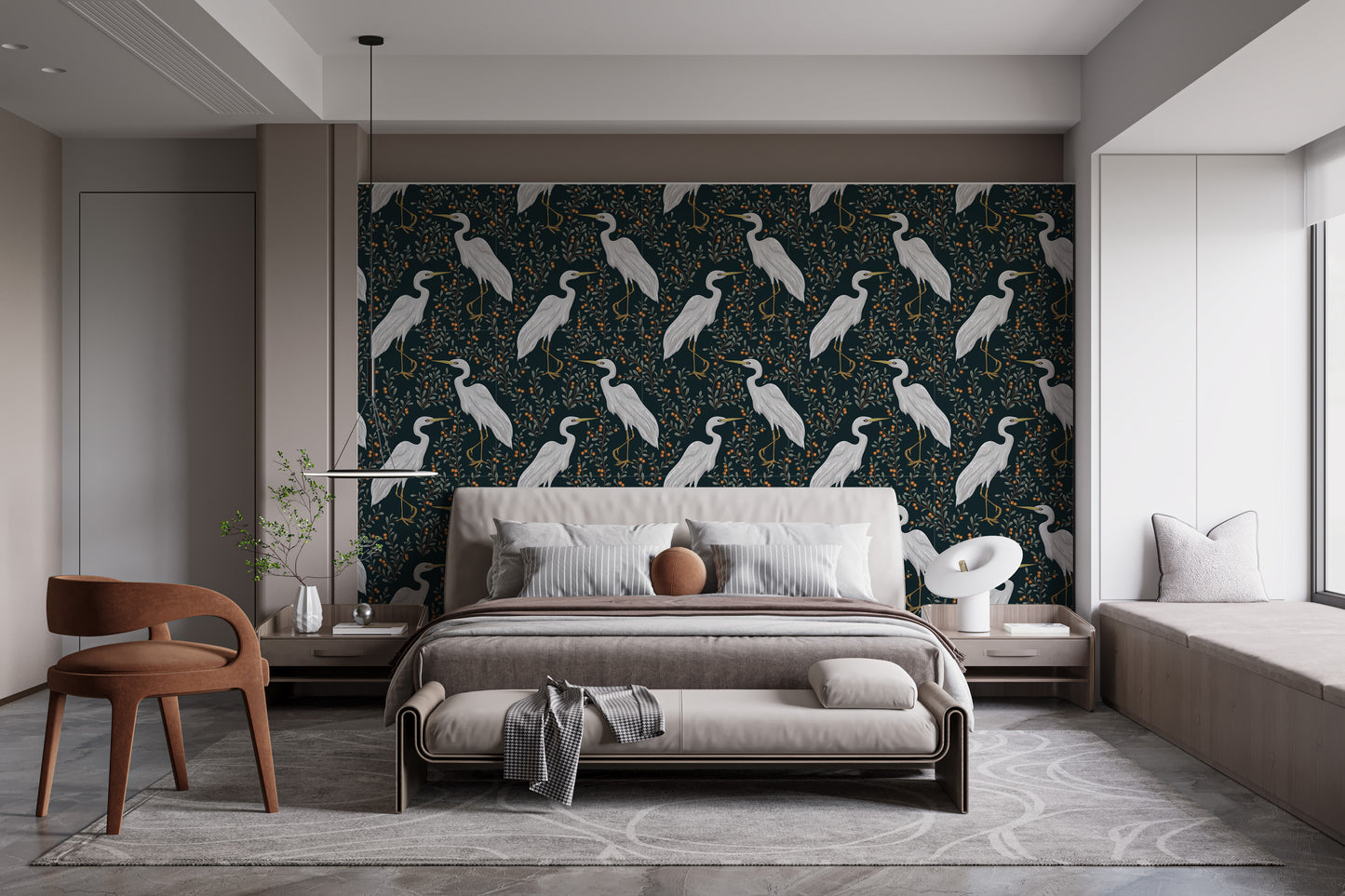 Elegant heron wallpaper with cranberry fields view