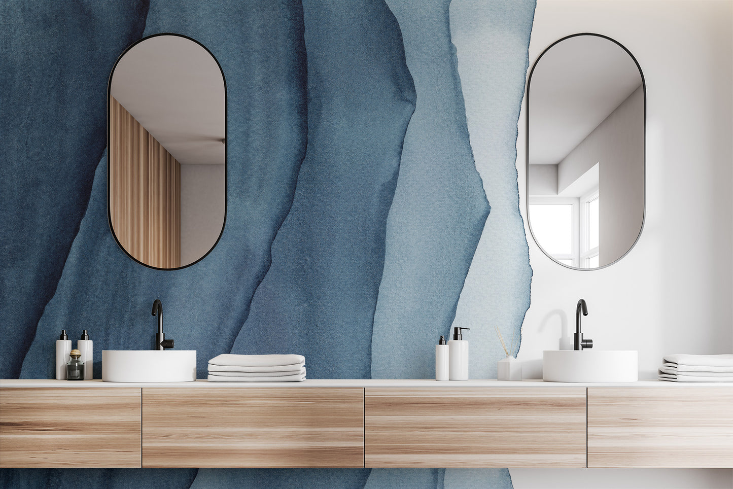 Abstract blue waves mural creating a calming and soothing atmosphere