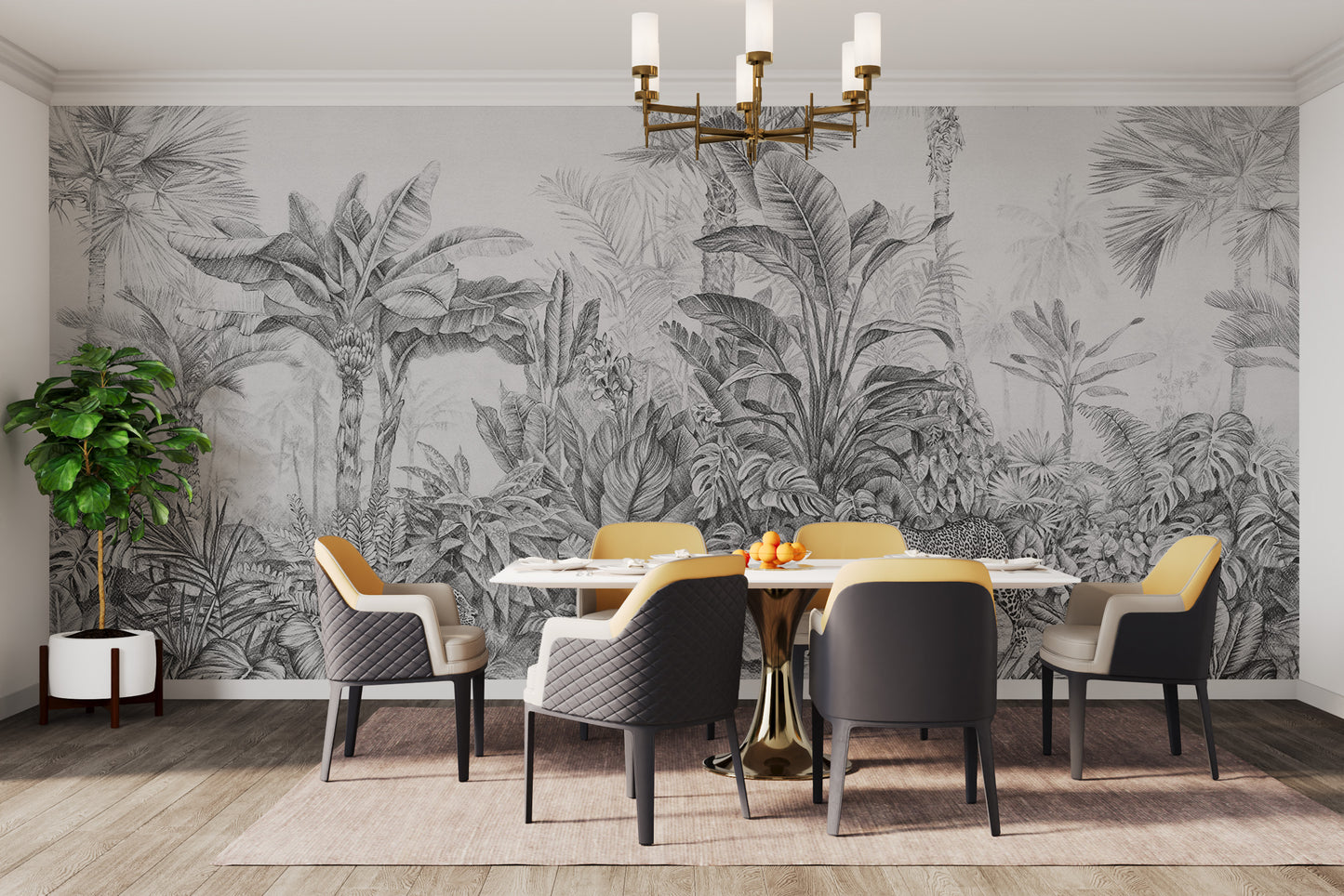 Dramatic leopard jungle wallpaper in soft grey tones