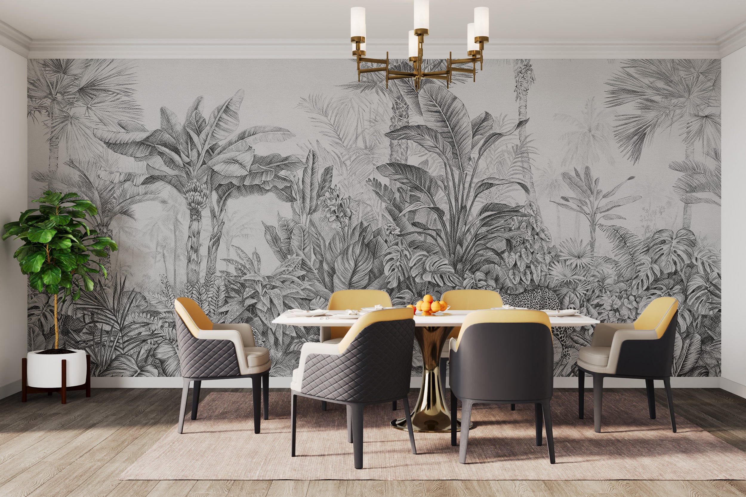 Dramatic leopard jungle wallpaper in soft grey tones