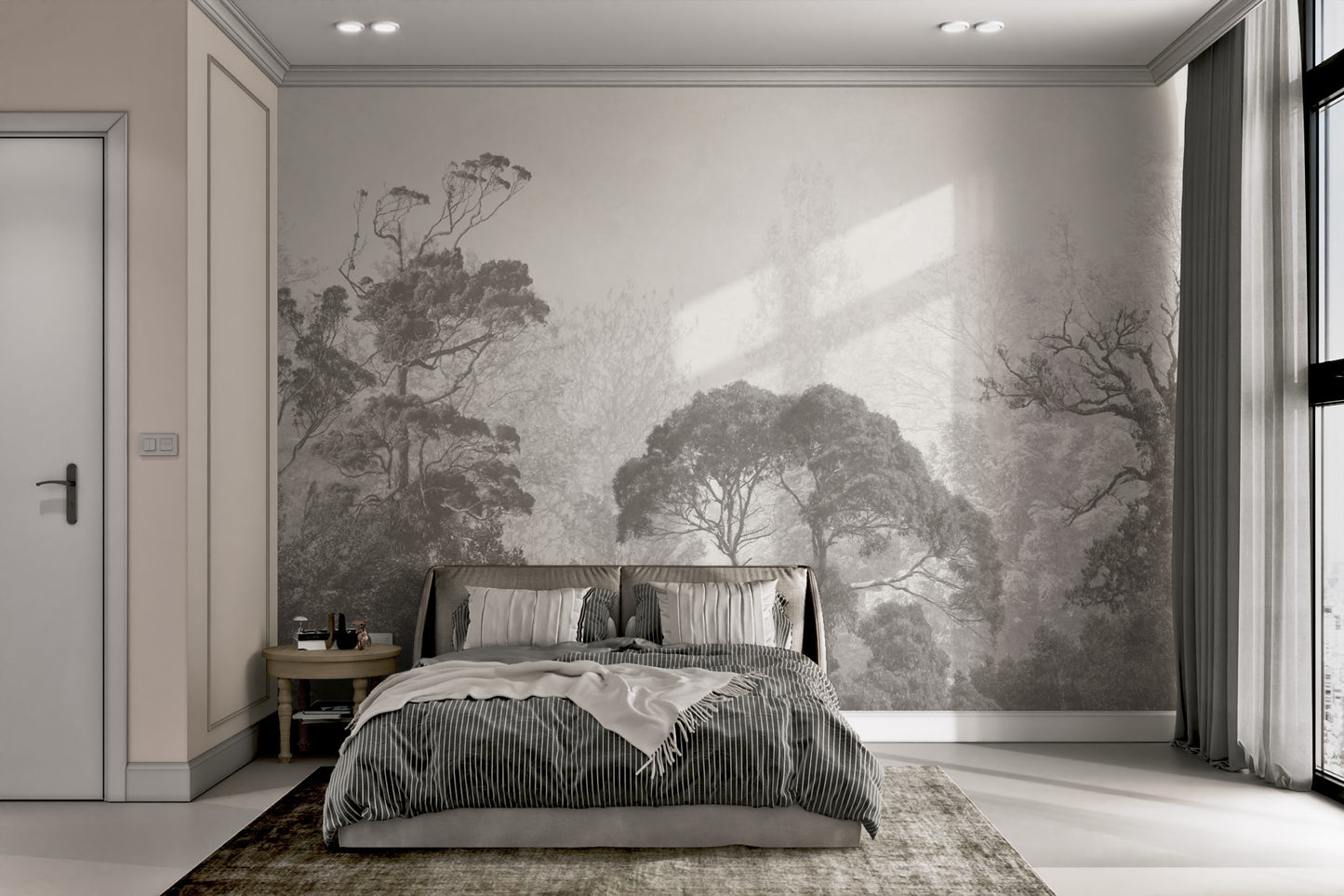 Rustic misty forest mural with a grunge-style finish
