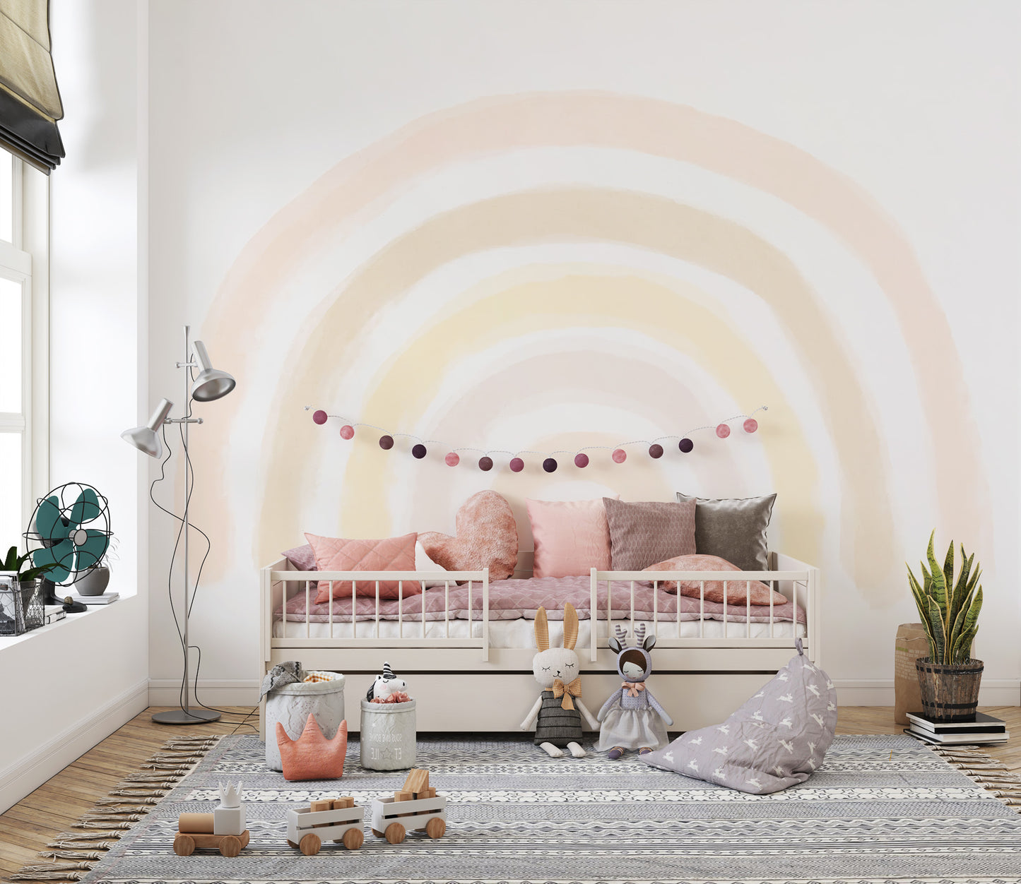 Sunrise-themed mural with glowing rainbow colors