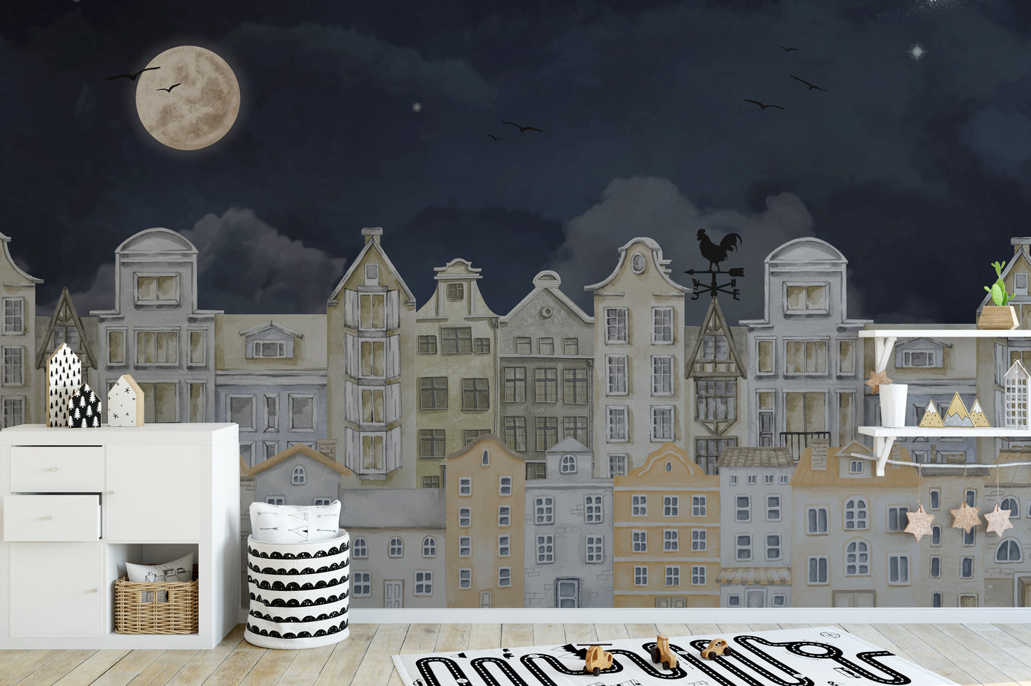 Cityscape at Night Wall Mural with Houses