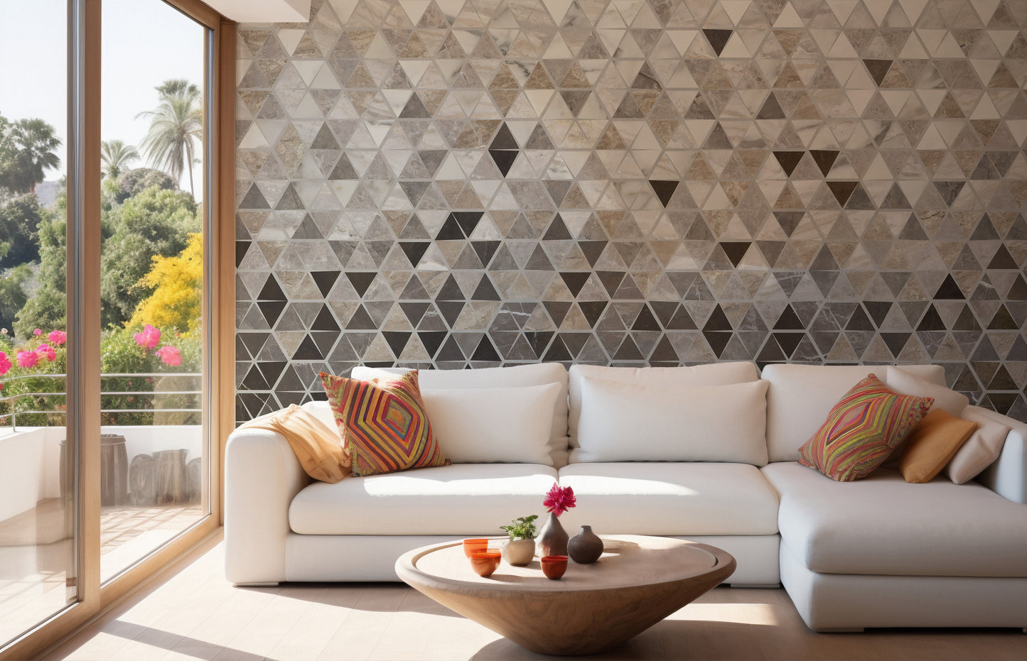 Geometric terrazzo marble wall mural design.