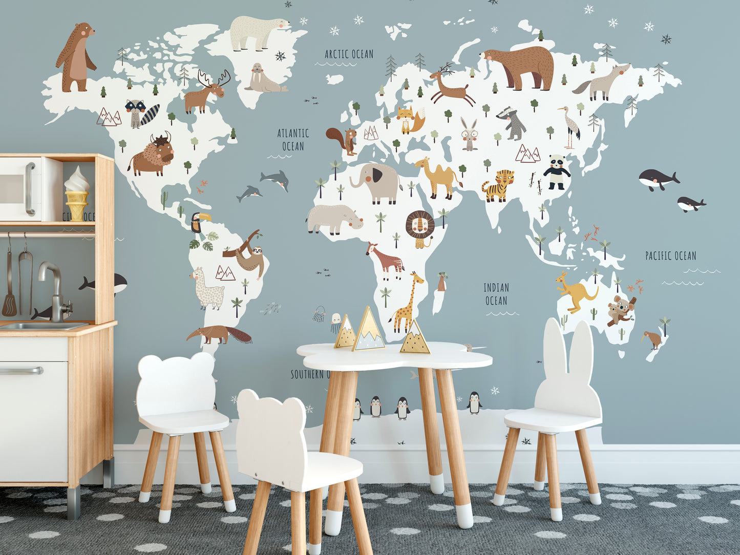 Animals and blue world map design for kids’ room decor