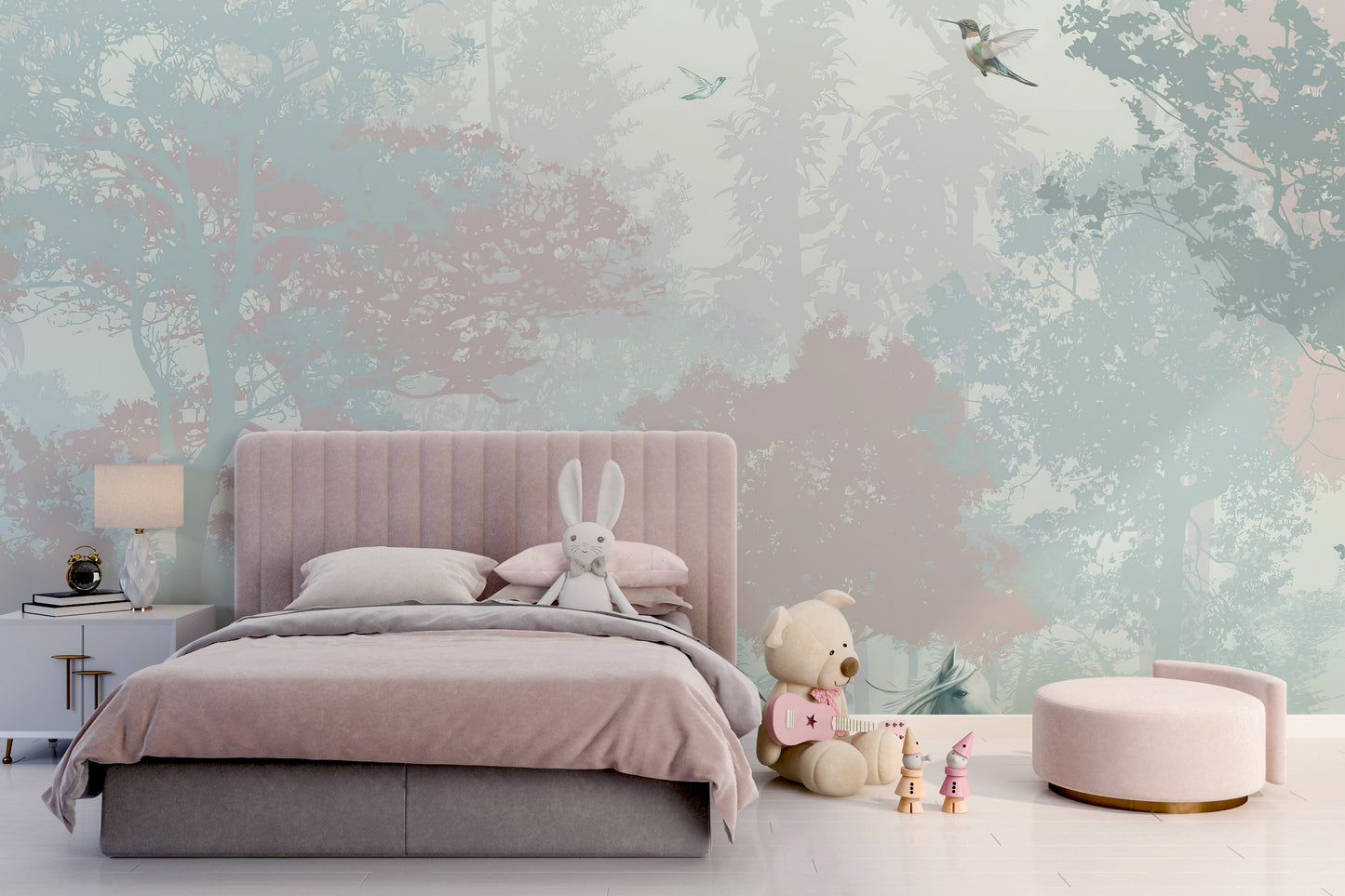 Whimsical forest mural with fairies, animals, and lush trees