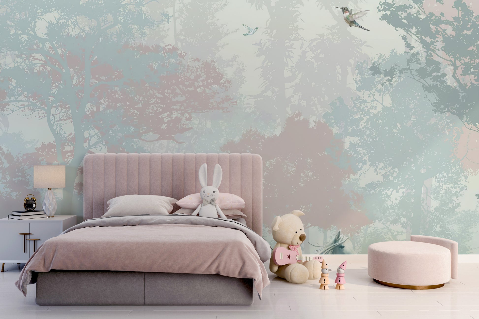 Whimsical forest mural with fairies, animals, and lush trees