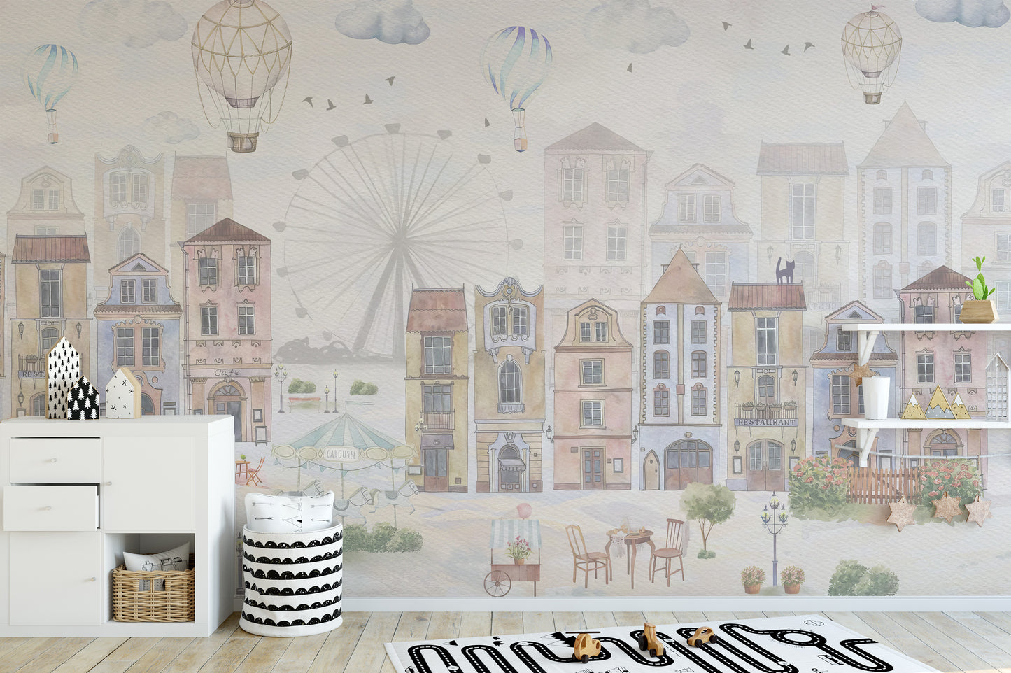 Playful wallpaper featuring streets and landmarks from an old city