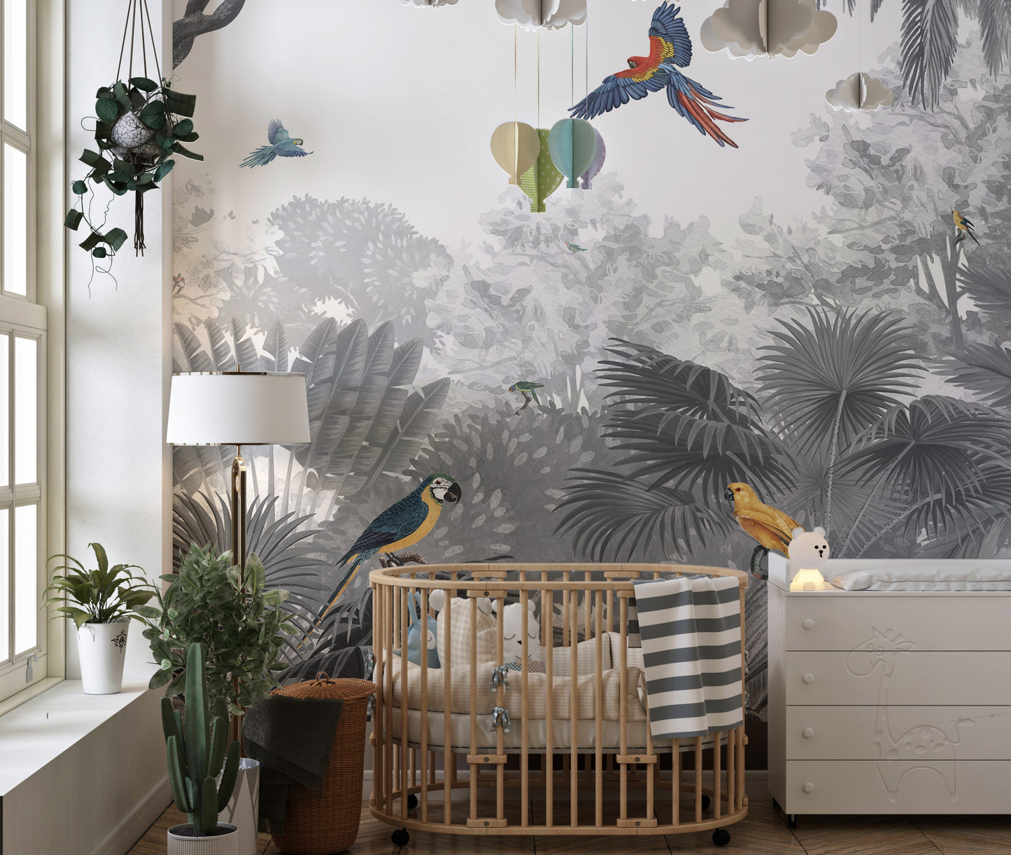 Vibrant mural featuring tropical birds in their habitat.