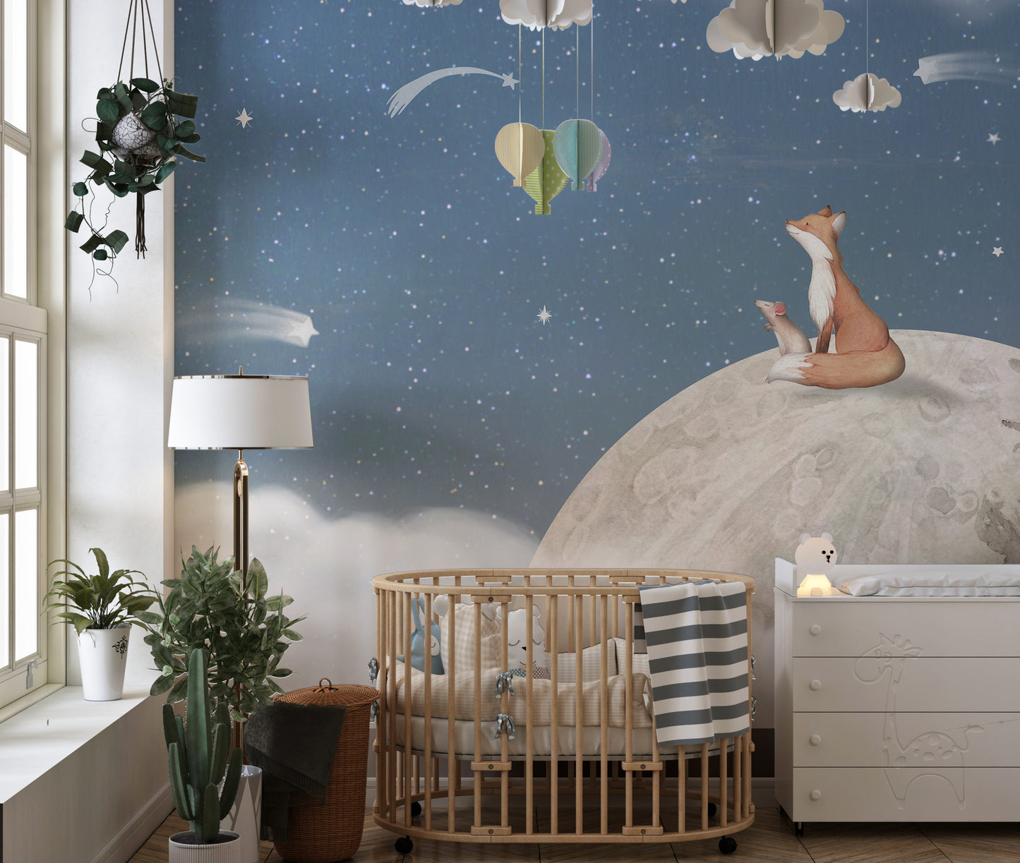 Whimsical wall art with a fox sitting on a crescent moon