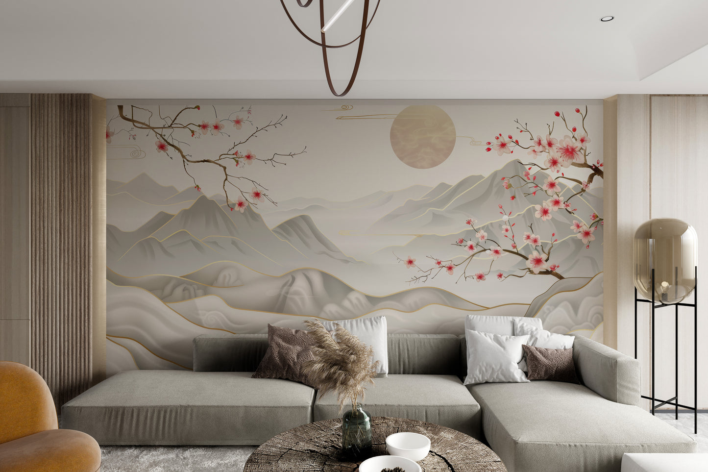 Modern Chinese mountain artwork in soft neutral tones
