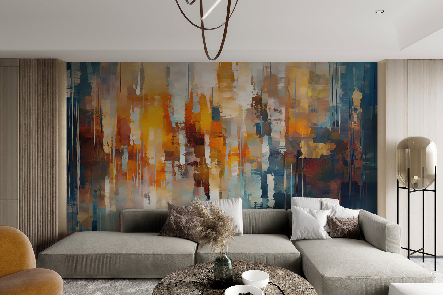 Contemporary urban abstract wall mural with deep hues
