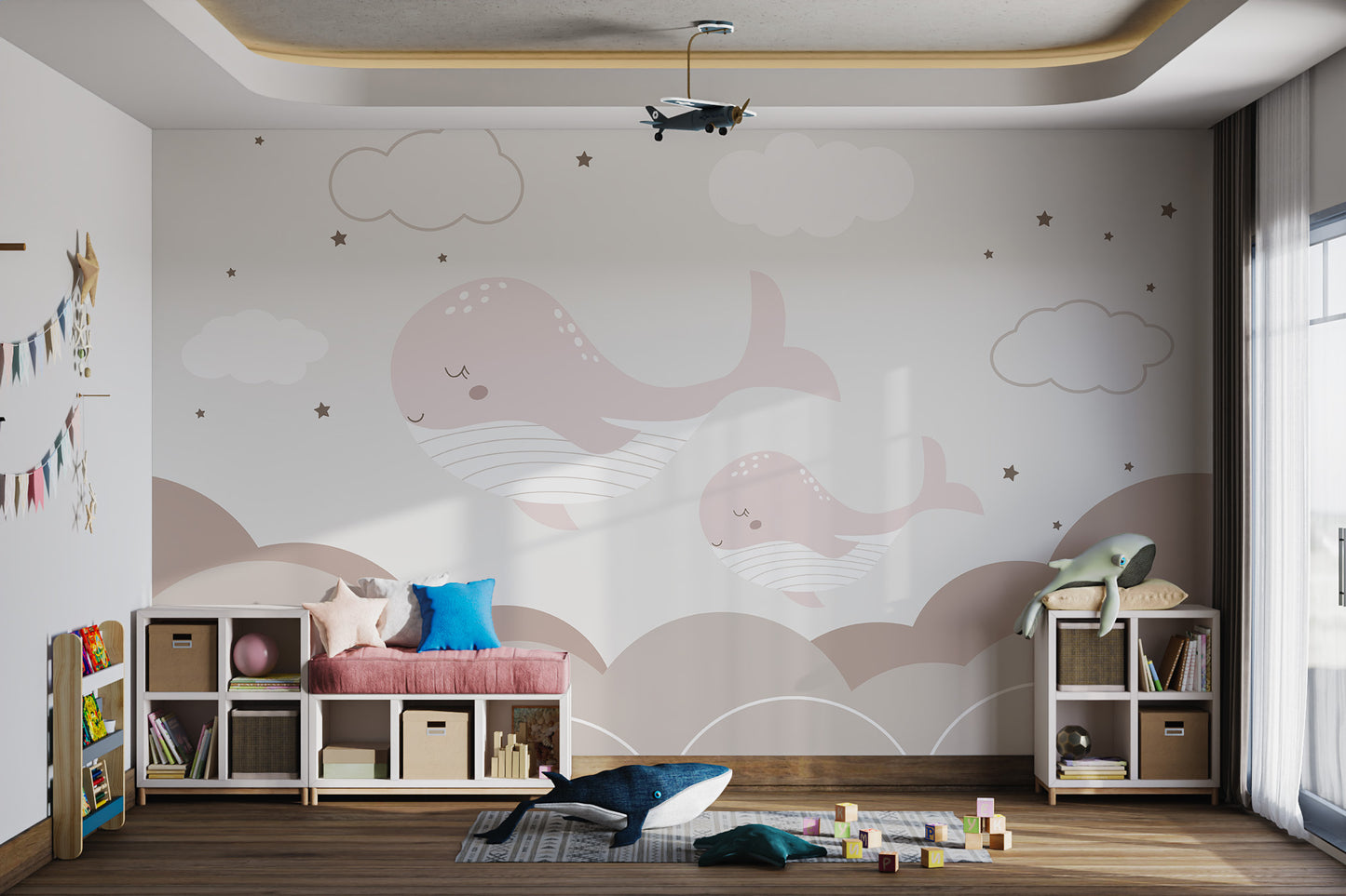 Peaceful wall art featuring sleepy whales and sky