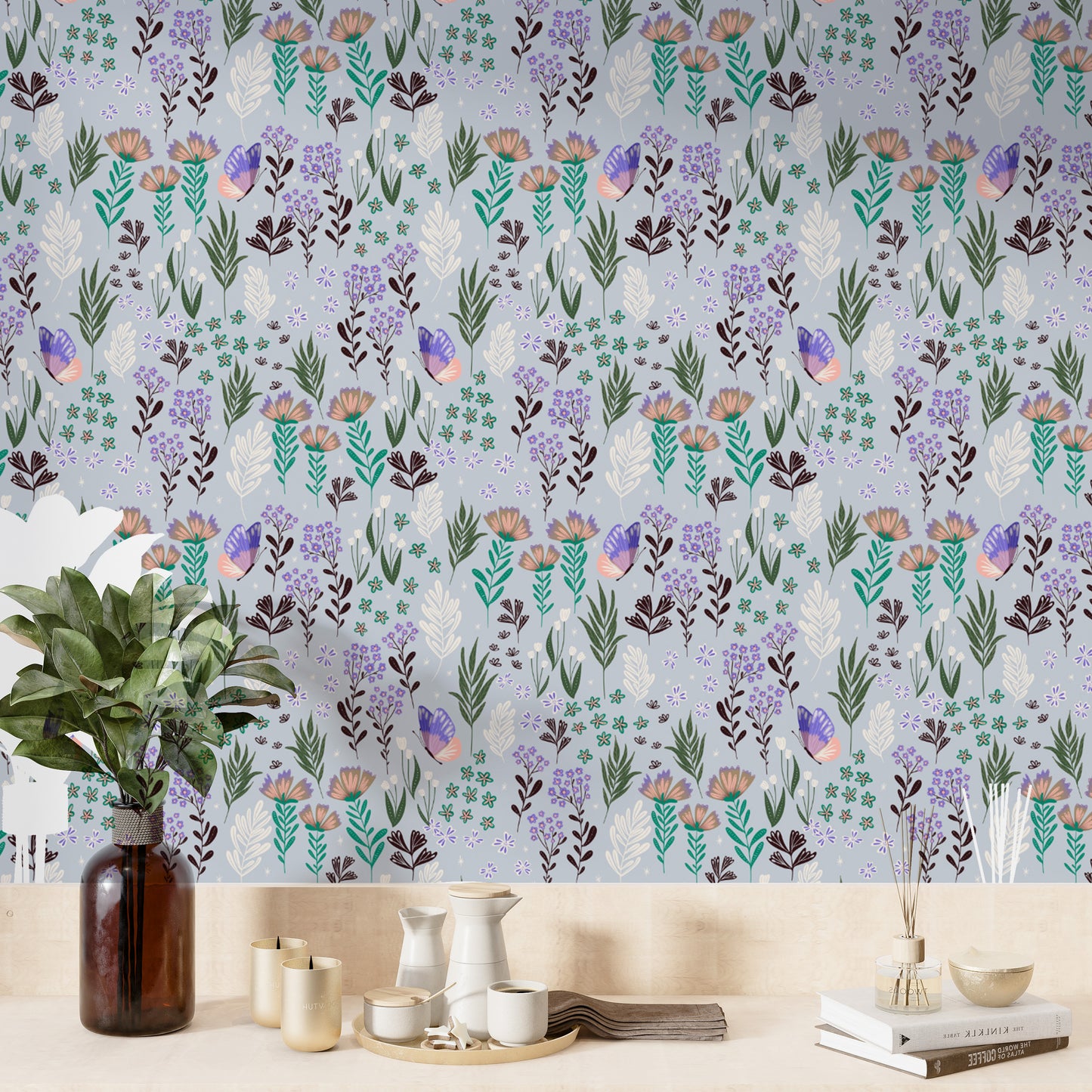 Peaceful butterfly meadow wallpaper in soothing purple hues