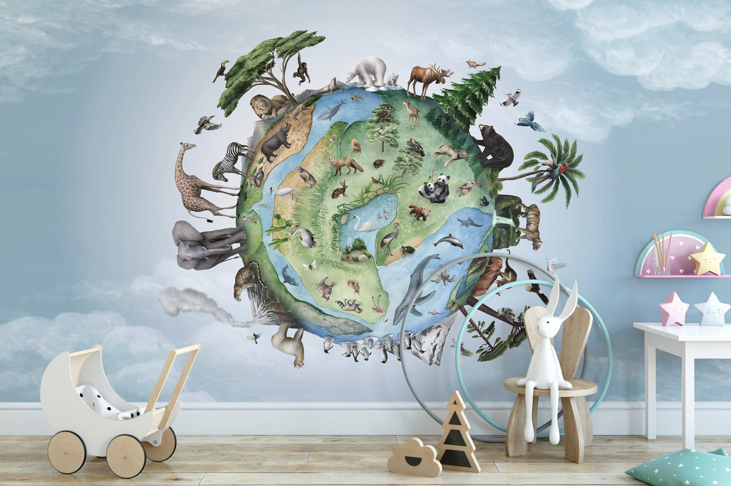 Global-themed mural featuring vibrant wildlife imagery.