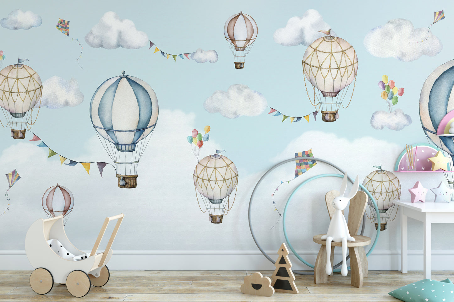 Balloon mural with a dreamy and tranquil sky design.