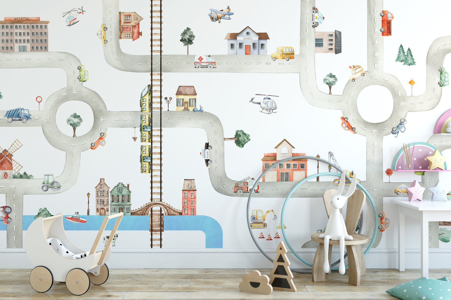 City traffic mural featuring colorful vehicles for kids.
