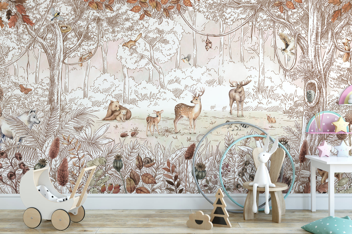 Forest animals mural perfect for nature-inspired interiors.