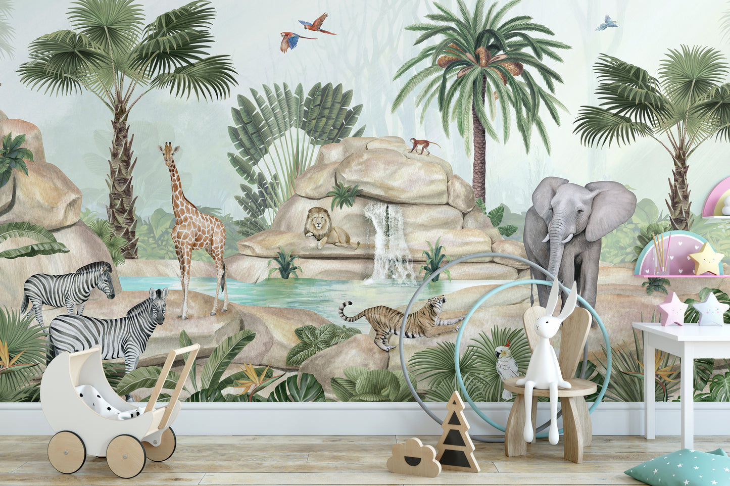 Watercolor mural featuring animals near a tranquil pond.