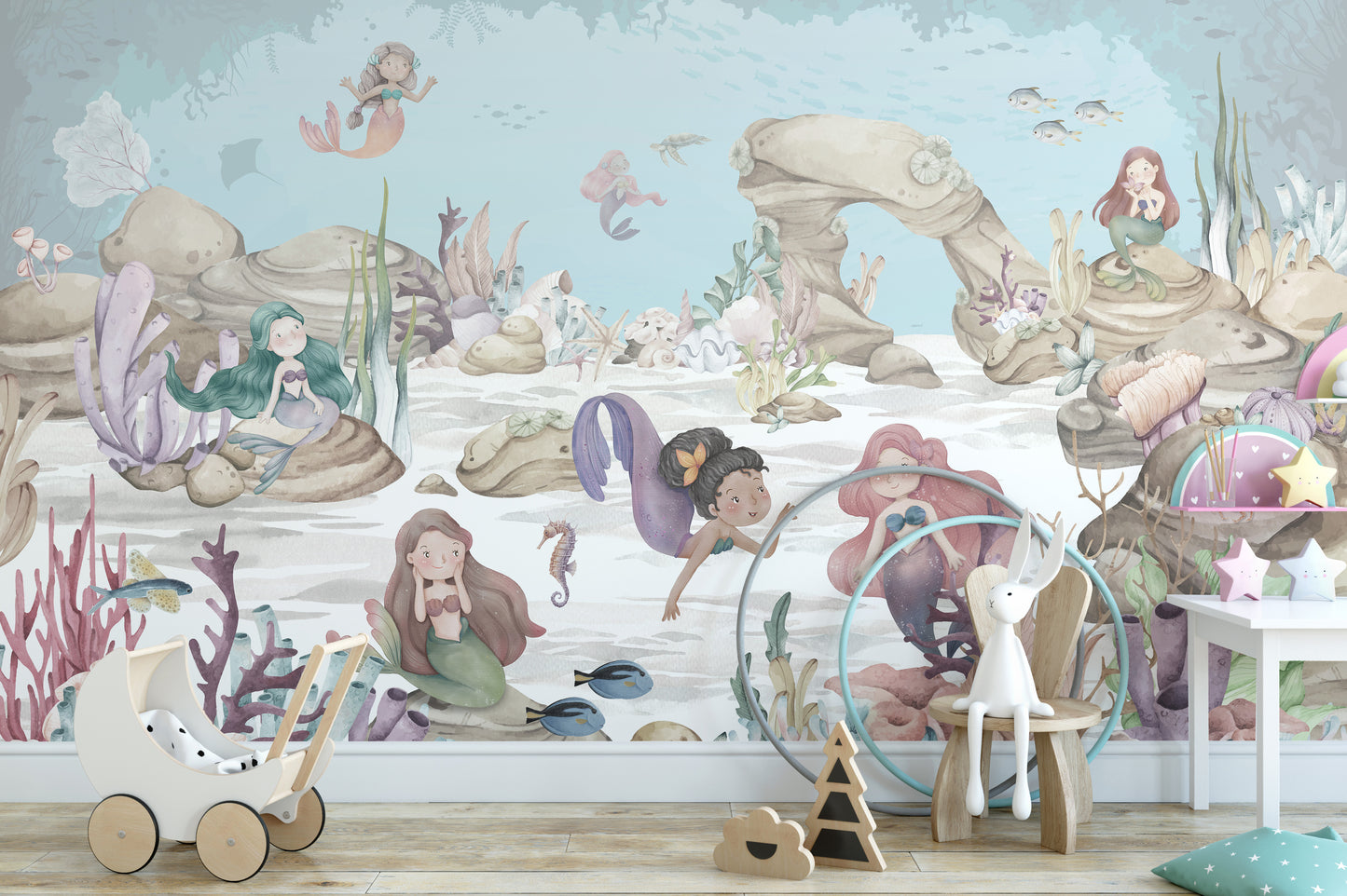 Whimsical wall art featuring enchanting mermaids in an underwater world