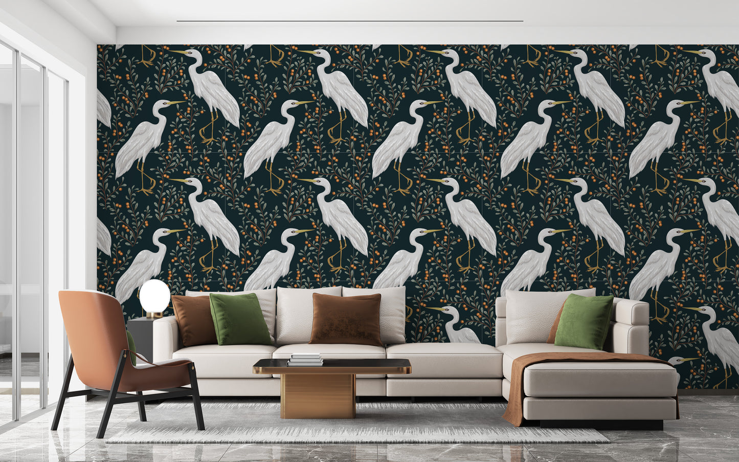 Heron in cranberry field mural wallpaper decor