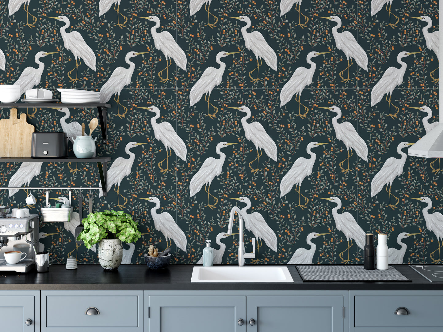 Stylish cranberry wallpaper featuring heron art