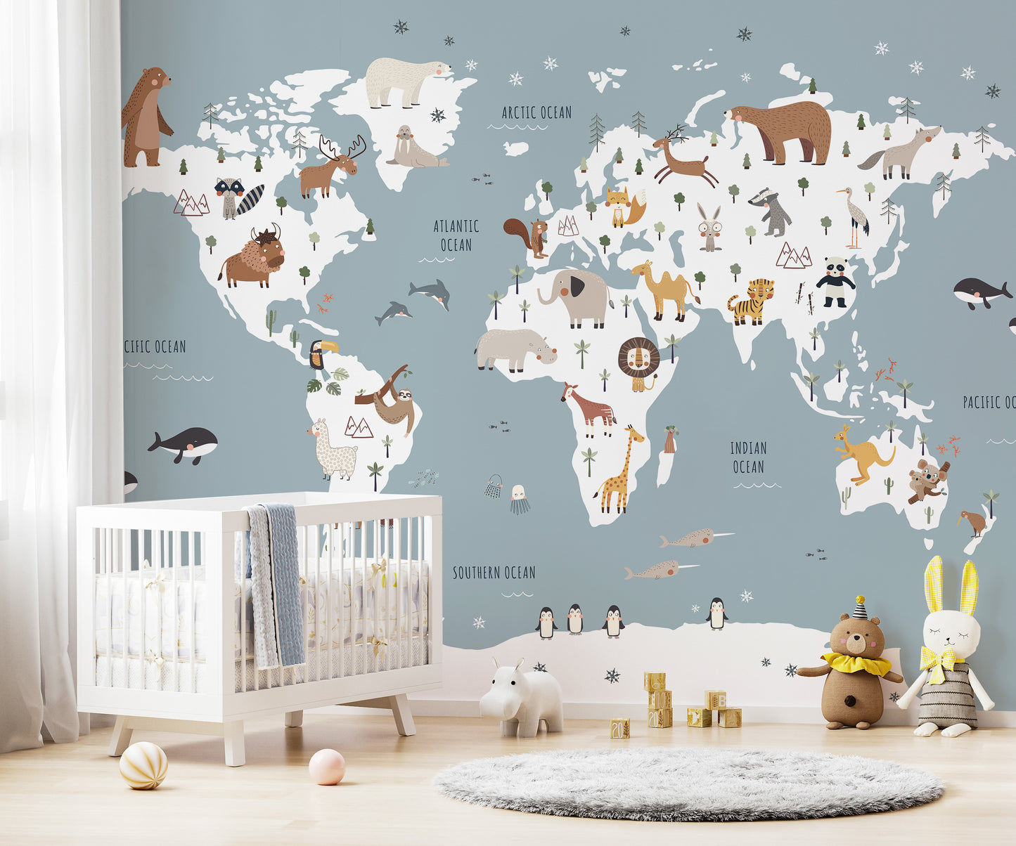 Playful animal-themed world map mural for vibrant walls