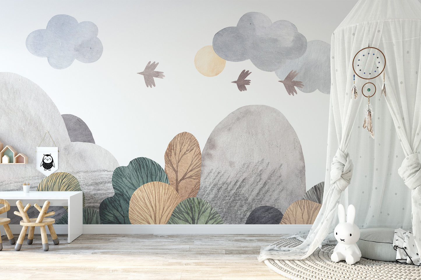 Soothing mural design with nature elements