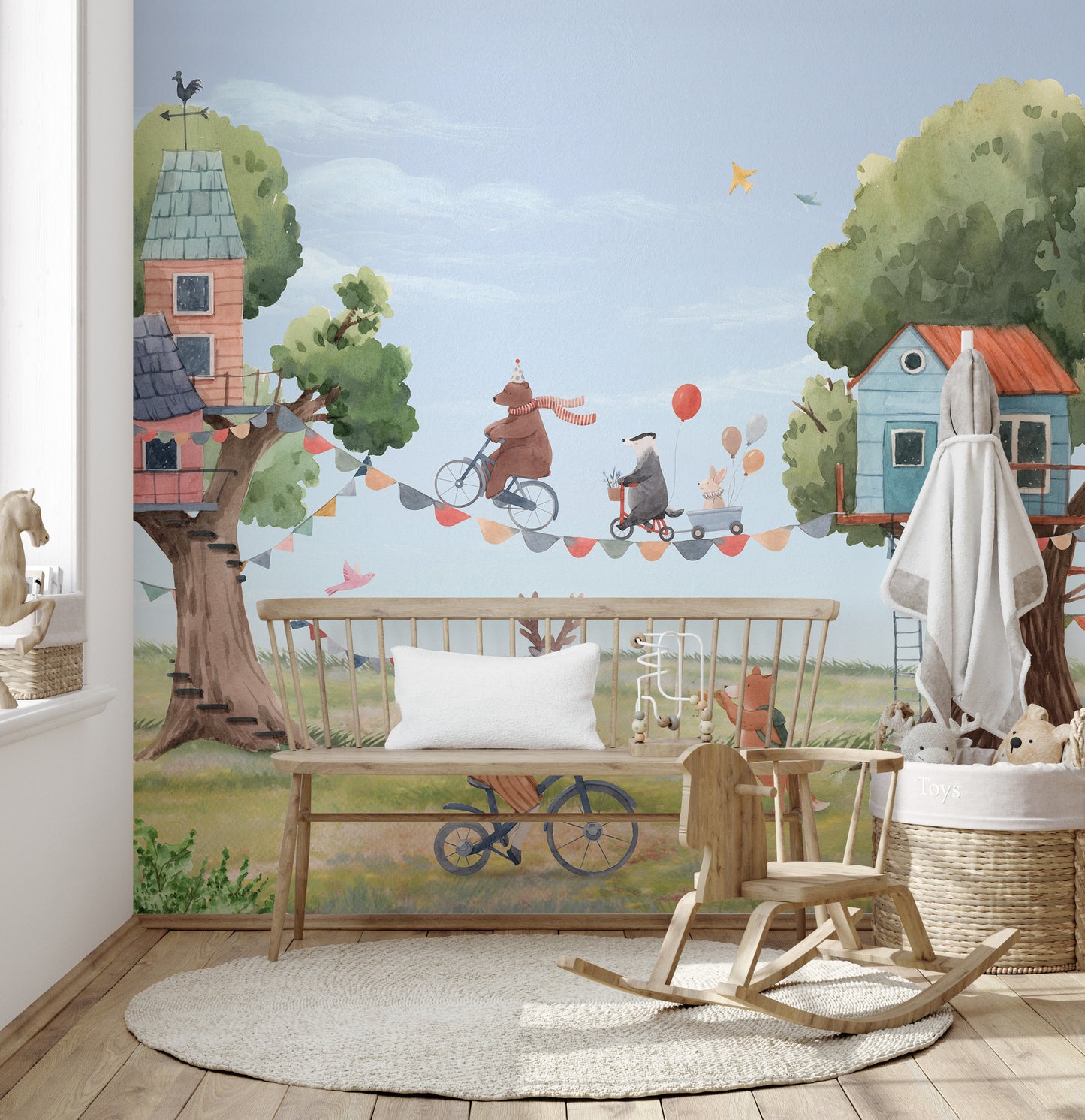 Adorable Treehouse Party mural, perfect for children.
