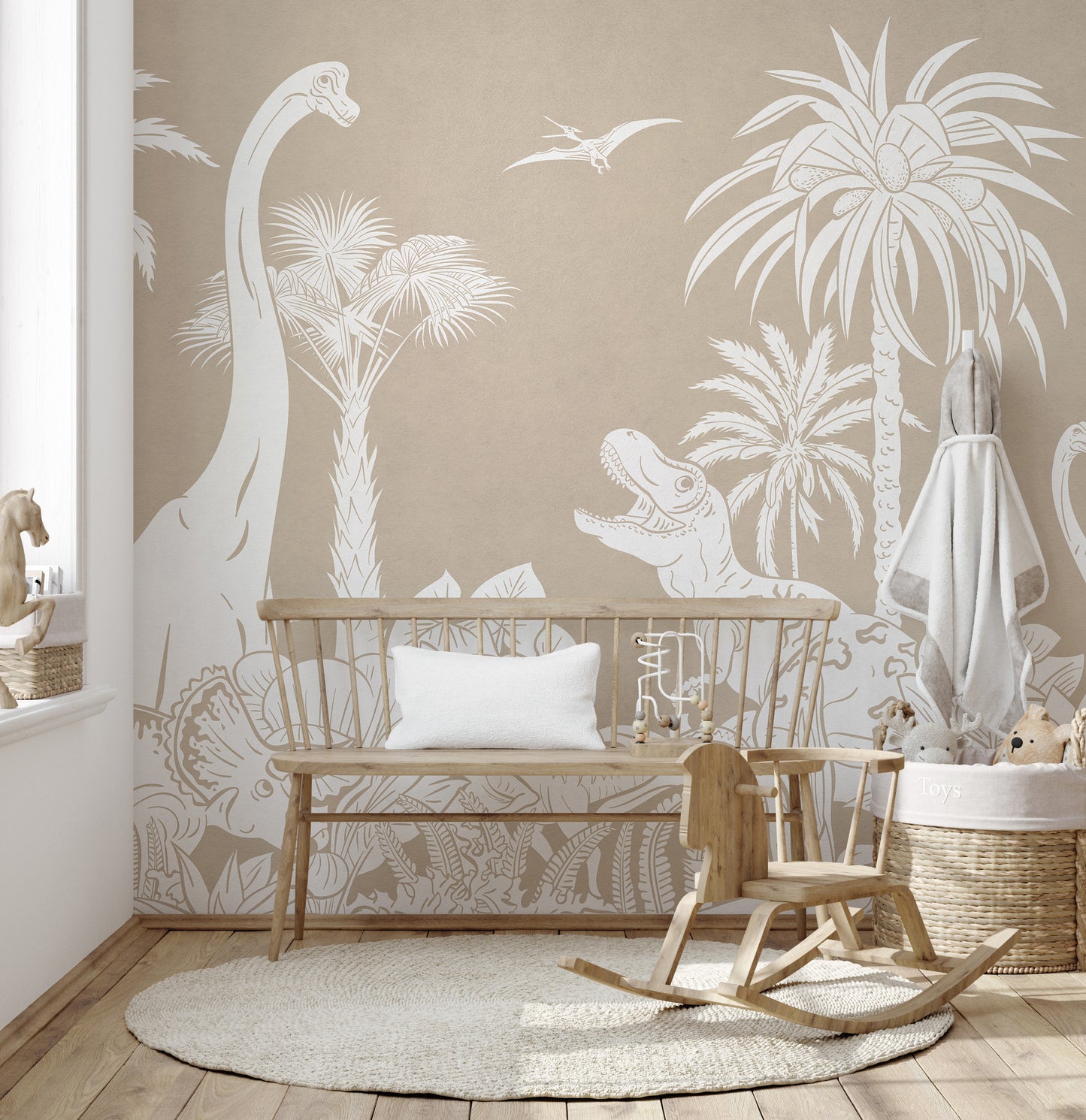 Fun Monochrome Dino Brown mural for adventurous spaces.