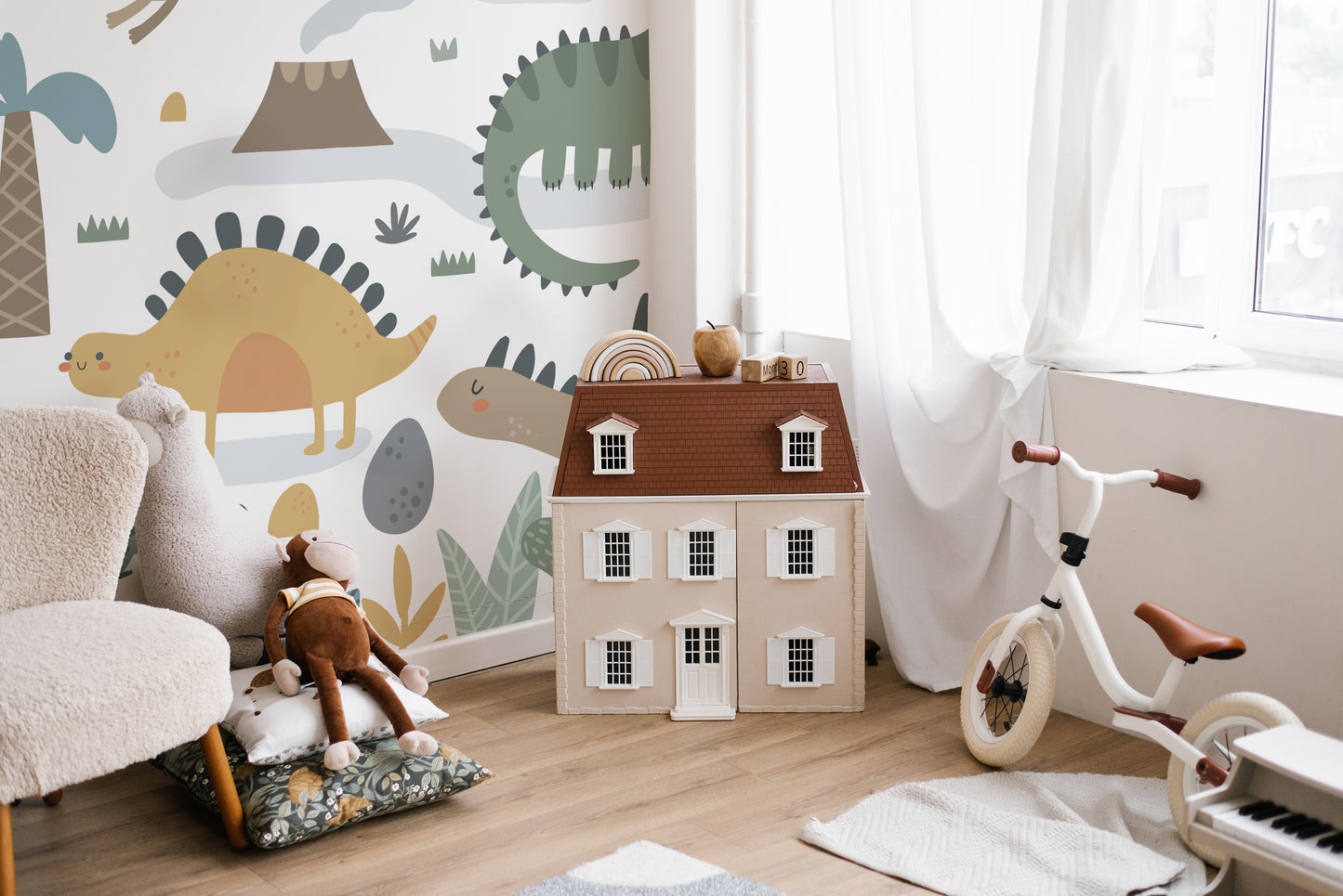 Bright dinosaur landscape mural for homes
