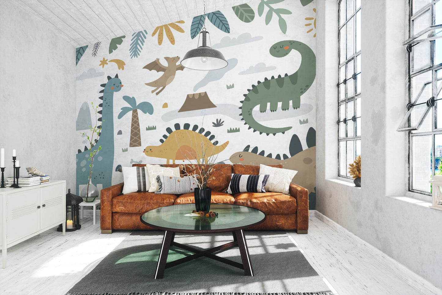 Artistic dinosaur wall mural with colors