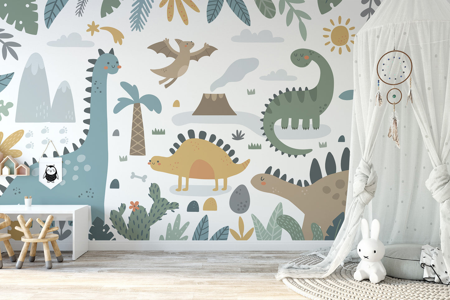 Colorful dinosaur mural for adventure vibes