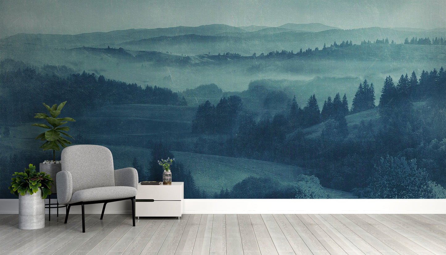 Subtle twilight landscape mural in calming blue hues