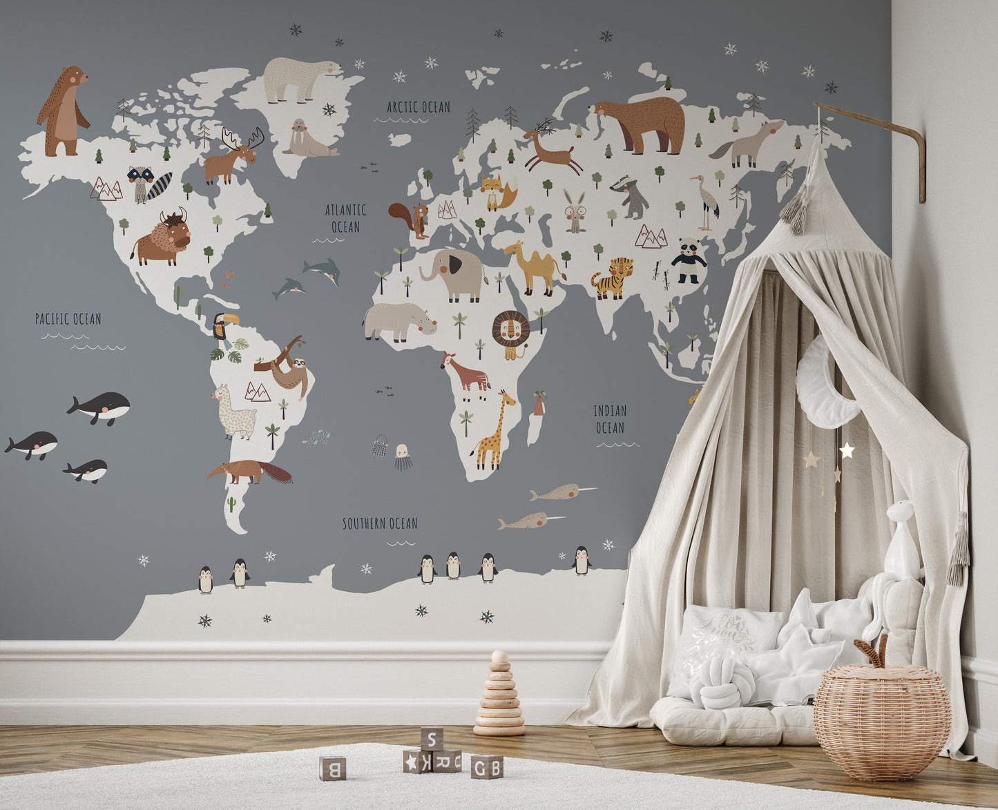Decorative wall mural with a world map for children