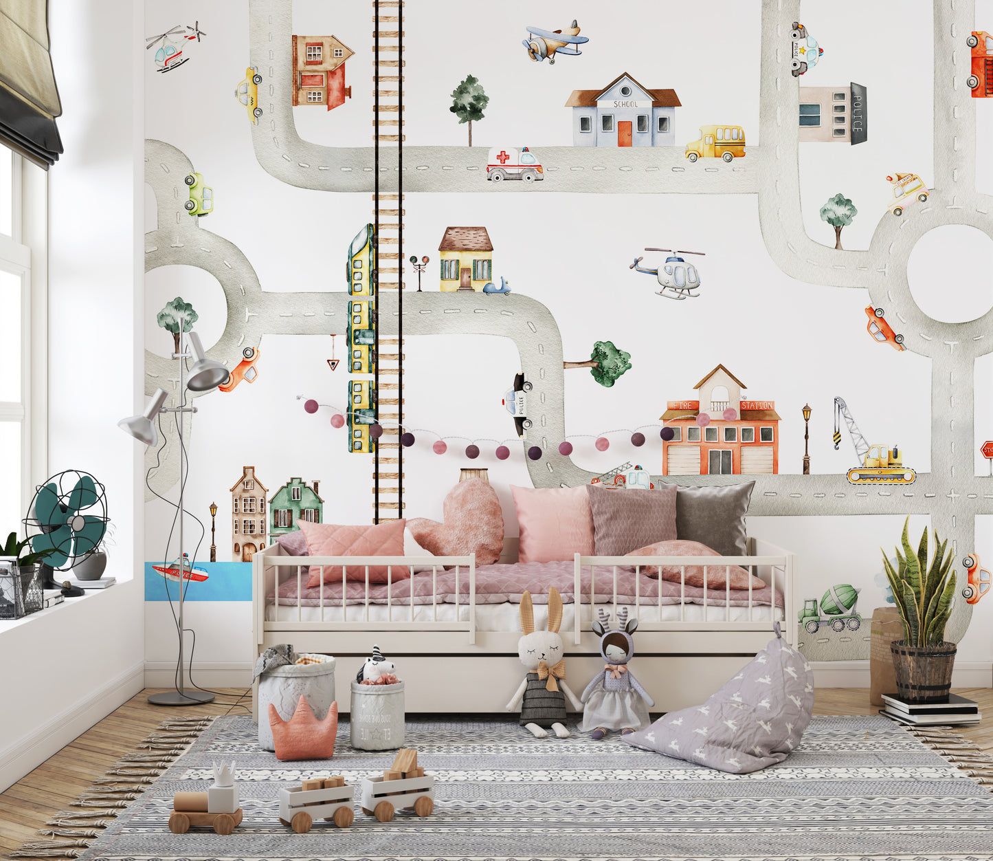 Kids wall mural with lively city traffic illustrations.