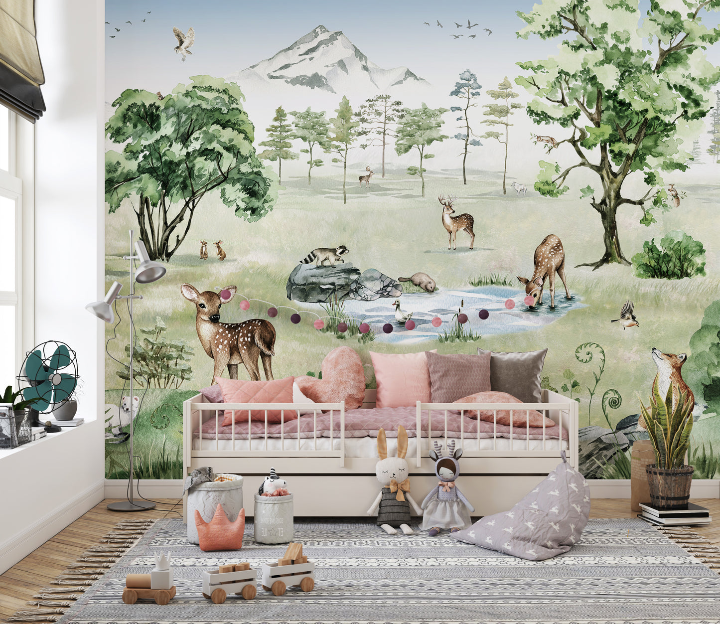 Wildlife-themed mural with deer in a serene forest.