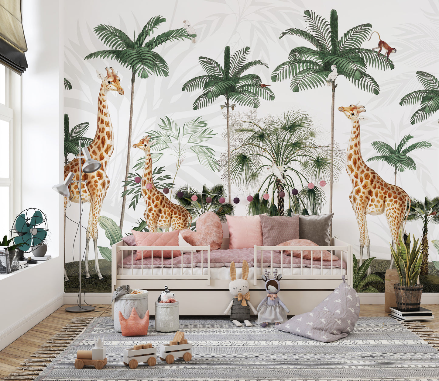 Giraffe-themed wallpaper adding charm to interior spaces.