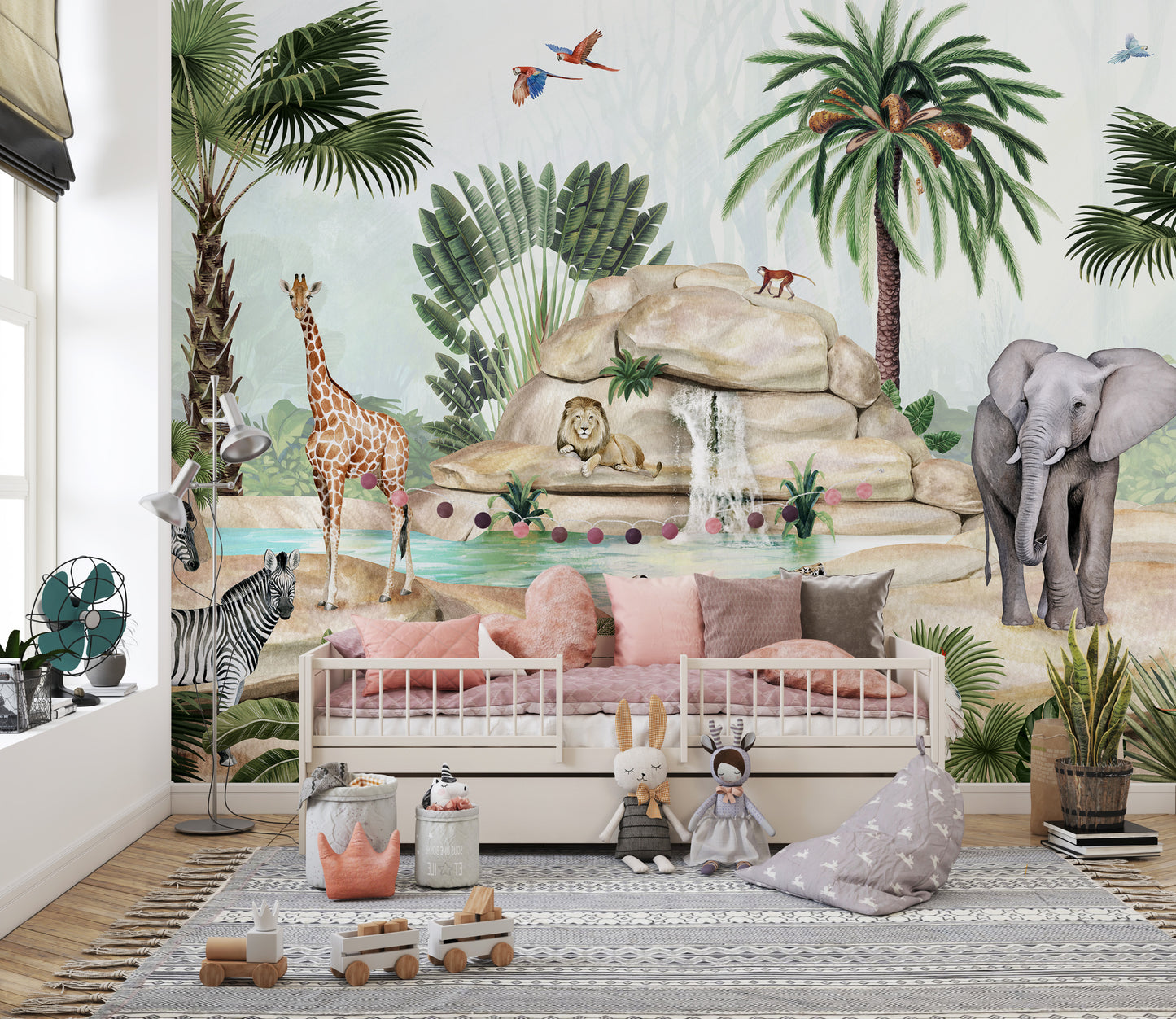 Animals and pond wallpaper with soft watercolor design.