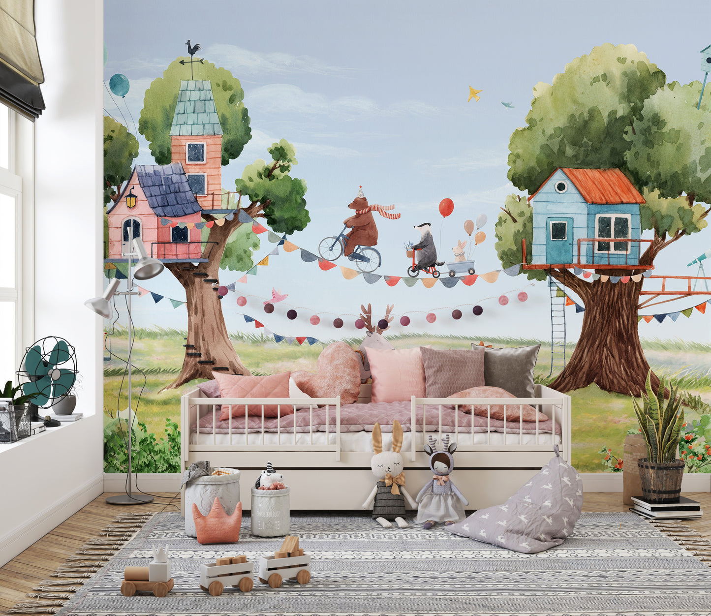 Treehouse Party wallpaper sparks joy in kids' spaces.
