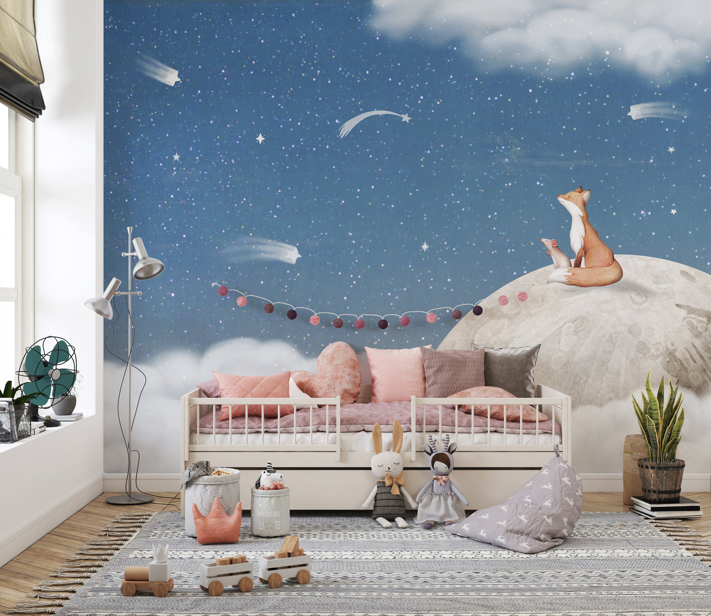 Decorative mural with a magical fox and moon design