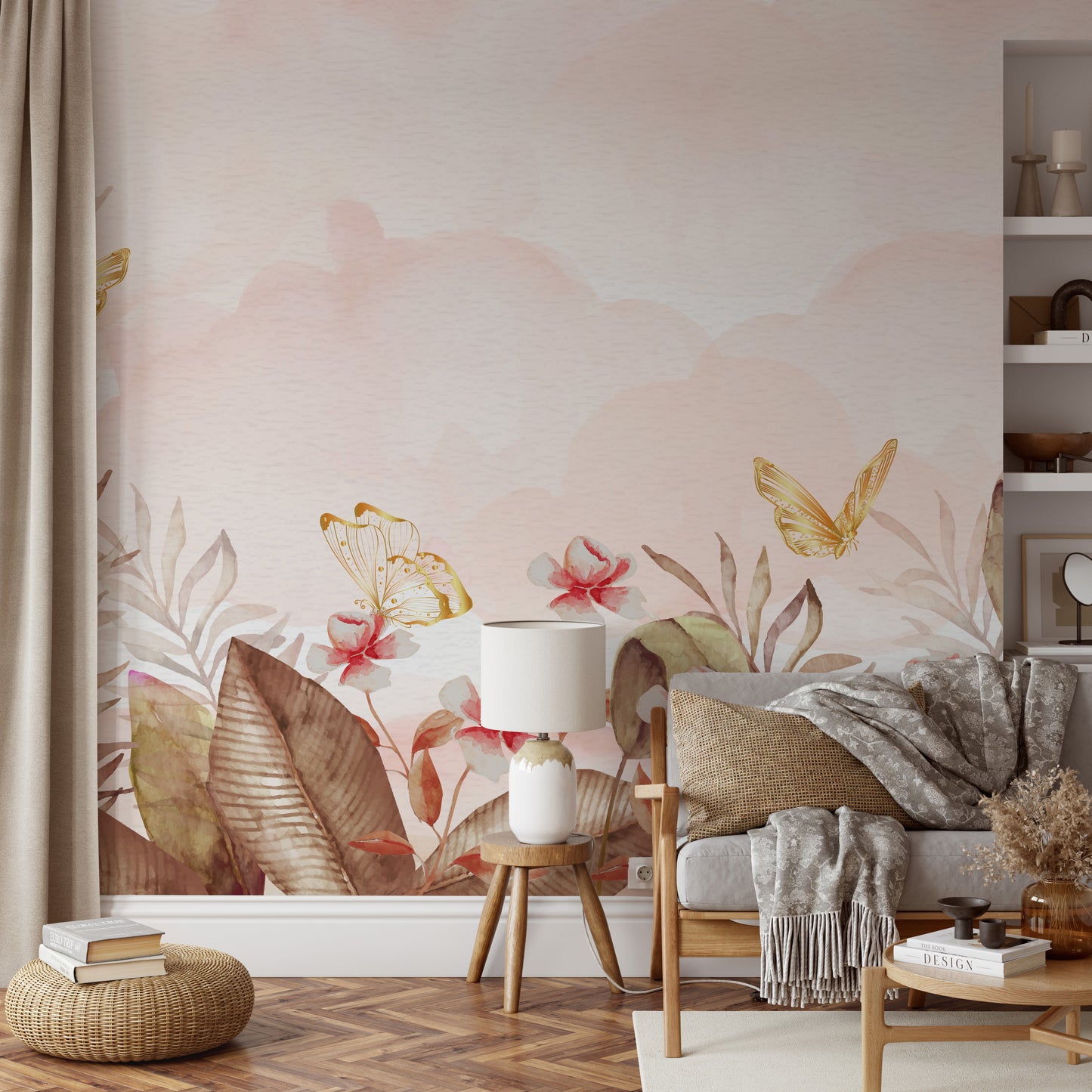 Elegant floral wallpaper with gold butterflies