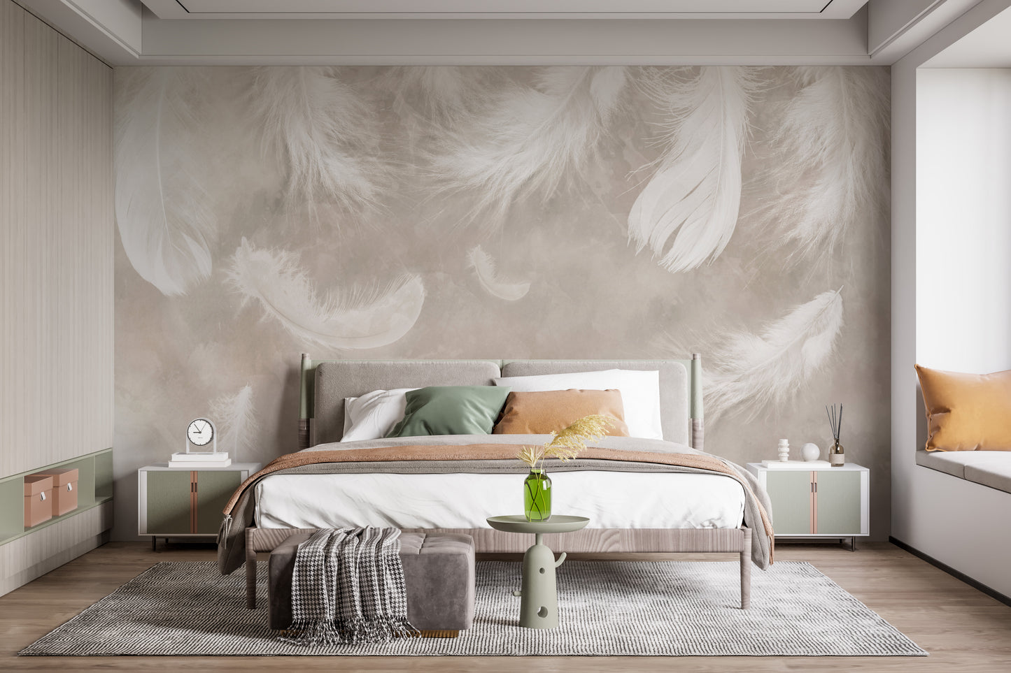 Artistic feather drift mural for tranquil rooms