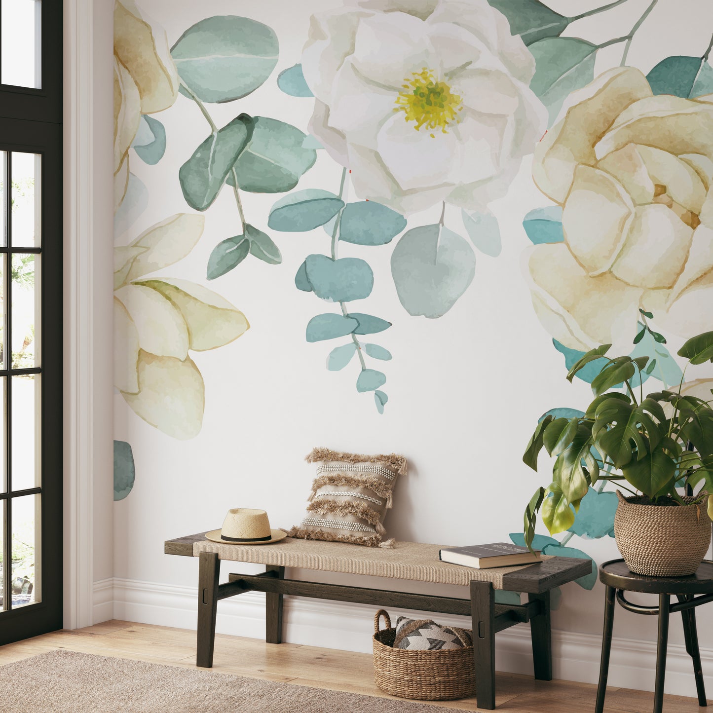 Hand-painted floral wallpaper with delicate roses