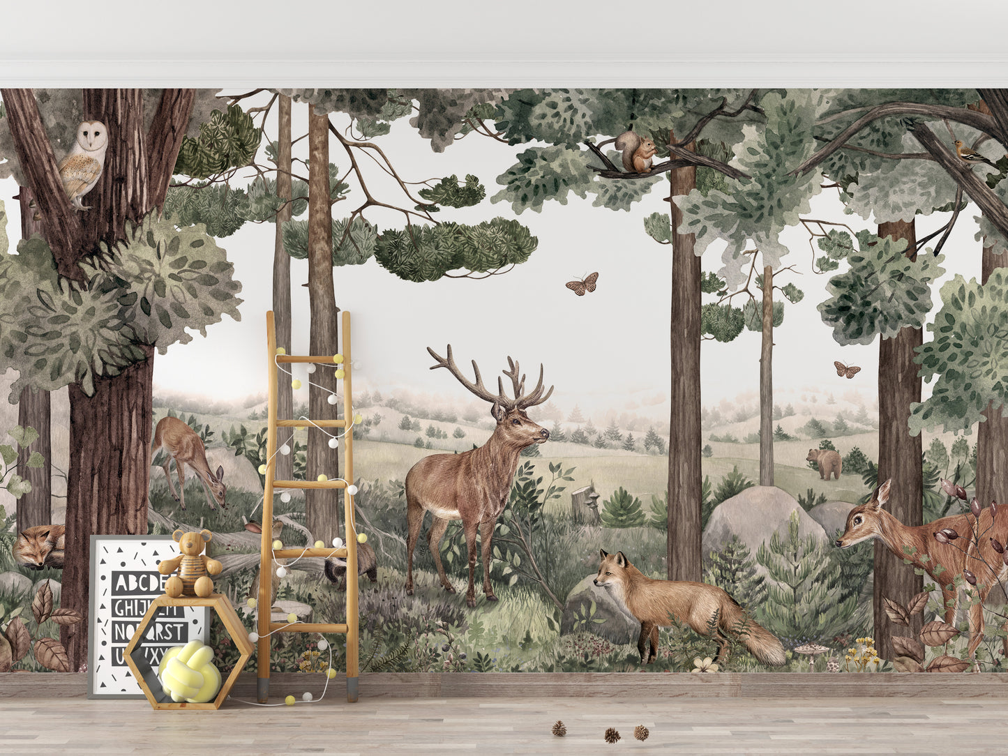 Artistic wallpaper showcasing deer in a forest setting.