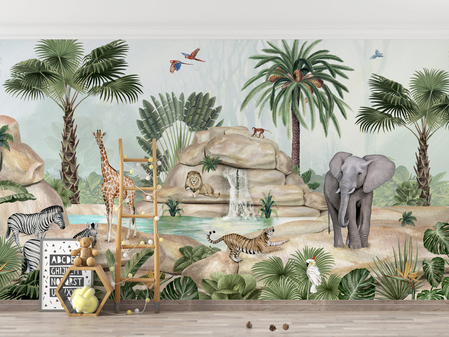 Artistic wallpaper showcasing animals near a water pond.