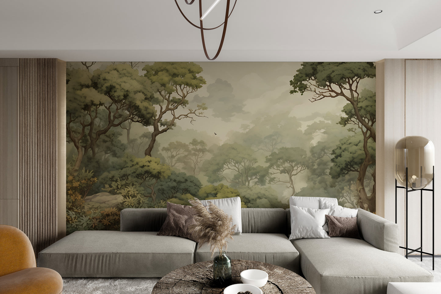 Peaceful misty trees wall covering